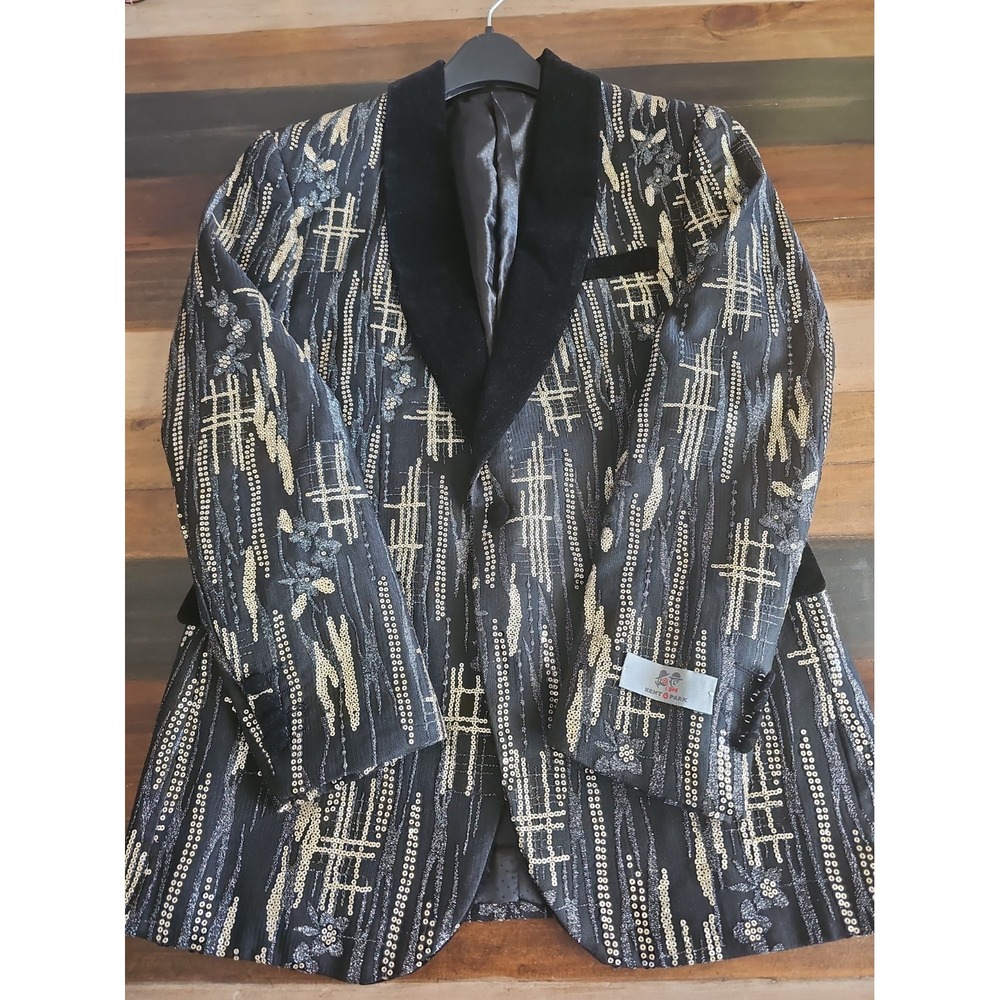 Kent & Park Men's Sequin Blazer Size 40 Black Gold Silver Velvet Lapel Party